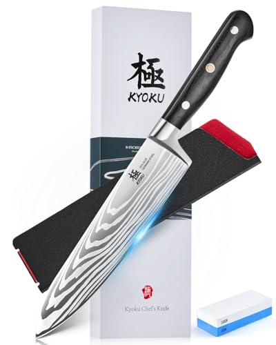 Image of KYOKU 8 inch Chef Knife, Samurai Series Japanese Style Chef's Knife with Sharpening Stone, High Carbon Steel Kitchen Knife with Pakkawood Handle Mosaic Pin Gift Box for Meat Vegetable Fruit Chopping