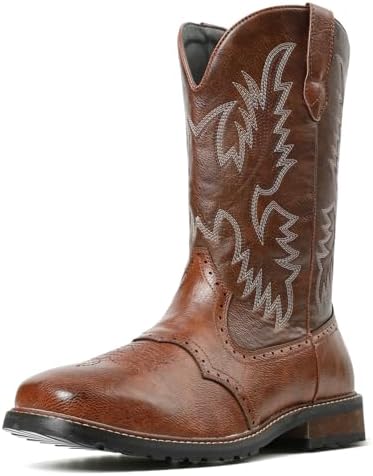 femflame Cowboy Boots For Men Square Toe Leather Western Boots Classic Embroidered Durable Slip Resistant Chunky Heel Pull On Distressed Work Boots