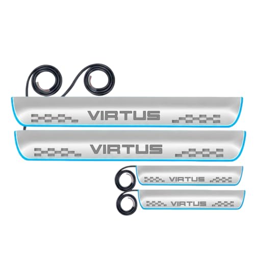 Image of Fabtec Car Door Foot Step Sill Plate with Mirror Finish LED Compatible with Volkswagen Virtus (Set of 4pc, Blue)(6 Month Warranty)
