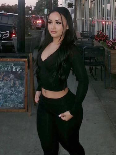 Women 2 Piece Lounge Set Contrast Lace V Neck Long Sleeve Crop Top Fold Over Flare Yoga Pants Tracksuit Casual Outfits2