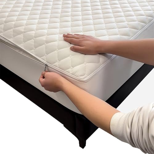 Funda de Colchón 150x190 135x190 160x200 180x200 Transpirable con Cremallera Acolchada Funda Protector Colchon(Blanco,90x190+15cm)