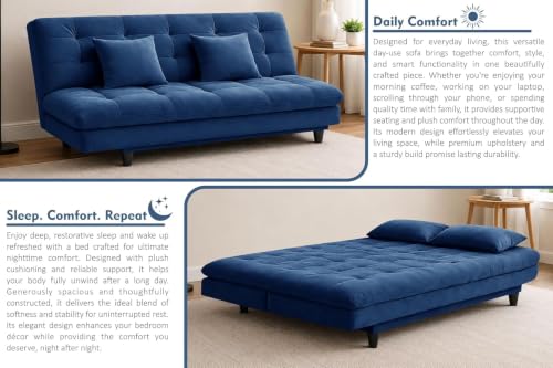 Image of Velvet Fabric Wooden 3-Seater Apsen Sofa Bed with Tufted Couch with Adjustable Backrest- Living Room Furniture-Blue-Color