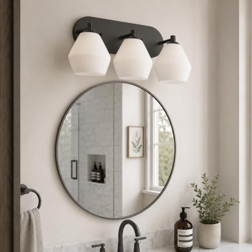 Image of Emak Black Bathroom Lighting Fixtures Over Mirror, Modern Bathroom Vanity Light with Clear Glass Shade, 3-Light Vanity Lights for Mirror, Bath, VL129-BK-ML-3
