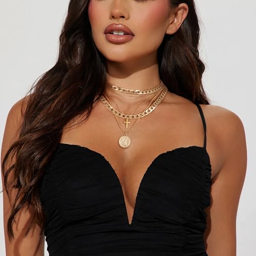 Gold Layered Necklaces for Women Chunky Choker Link Chain Trendy Retro Coin 14K Pendant Necklace Handmade Dainty Layering Poppy Lotus Rose Birth Flower Necklaces Gift3