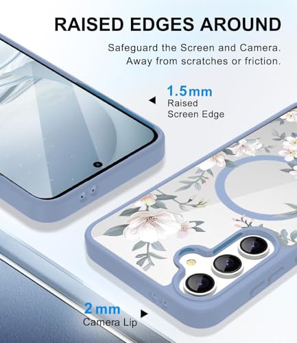 Image of VONZEE Compatible with Samsung Galaxy S25 Plus 5G Case Luxury Retro Flowers Floral for Magnetic Wireless Charging Clear Case Shockproof PC+TPU Cute Glossy Shiny Cover for Girls Women,Official Blue