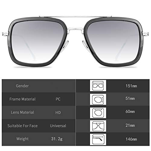 Óculos de sol polarizados Tony Stark para homens e mulheres, armação de metal quadrada de aviador, a