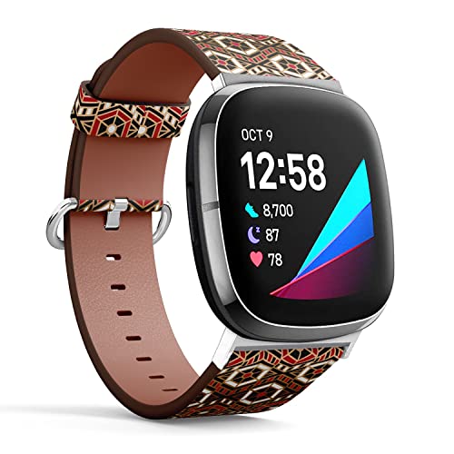 CJBROES Replacement Leather Watch Band, Compatible with Fitbit Versa 3 and Fitbit Sense of Wristband Bracelet Accessory - Geometric Ornamental Luxury Vintage