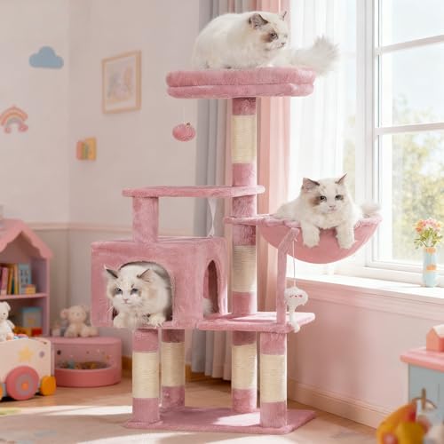 Image of Heybly Cat Tree with Toy, 43.3 inch Cat Tower condo for Indoor Cats, Cat House with Padded Plush Perch, Cozy Hammock and Sisal Scratching Posts, Skin Pink HCT004SP