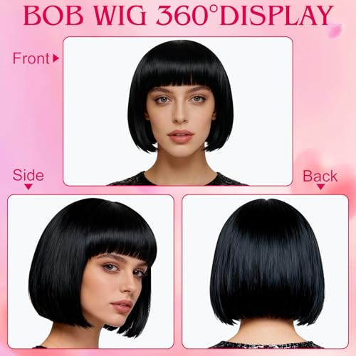 Image of MEEZY 2 Pcs Colored Bob Wigs with Bangs Black Hot Pink for Women Colorful Neon Fun Wig Short Bob Hair with Heart Sunglasses Hair Cap for Halloween Costume Cosplay Birthday Bachelorette Party Supplies