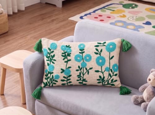 Image of Furnistitchs Boho Rectangle Cushion Cover 12x20 inches | Handmade Decorative Throw Pillow Case | Bohemian Home Decor Sofa Bed Cushion Cover Living Room Bedroom (1, Aqua Buds, 12x20 inches)