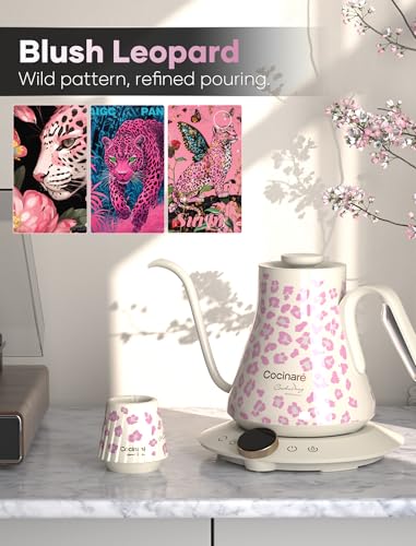 Image of Cocinare Gooseneck Electric Kettle, ±0.5F Precise Temperature Control, 1500W Fast Heating, Pour-Over Coffee & Tea, Stainless Steel, 0.9L (Color-changing Brush Leopard Design)