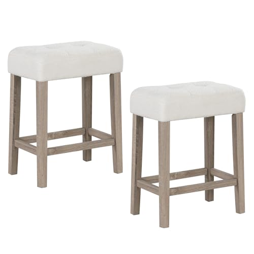 Image of GIANTEX Sherpa Bar Stools Set of 2, 24 inch Counter Height Kitchen Bar Chairs | Upholstered Counter Height Backless Bar Chairs with Footrest and Wood Legs for Kitchen Island, Dining Room, Cafe