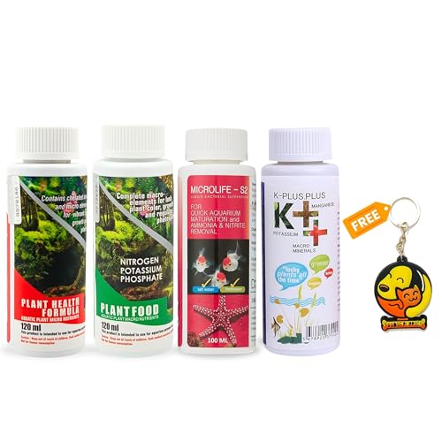 Foodie Puppies Aquatic Remedies 4 Combo Pack Plant Fertilizer - (Plant Food + Health Formula - (120ml), Microlife S2, K++ (100ml)) for Aquarium Medicine with Free Key Ring