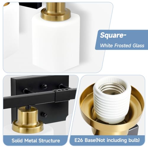Image of 4-Light Vanity Light for Bathroom,Black and Gold Bathroom Light 24 inch | Bathroom Light Fixture with Square Frosted Glass, Wall Sconces fixtures Over Mirror Sink Restroom,Living Room Hallway