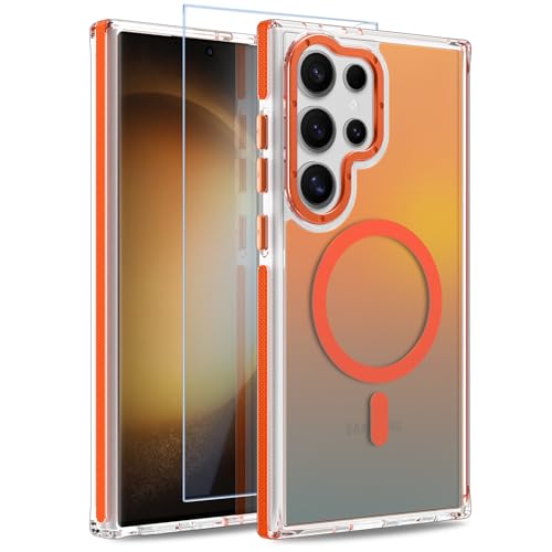Image of Magnetic Case for Samsung Galaxy S23 Ultra [Compatible with Magsafe] [Cute Fashion Fluorescent Design] [1 Screen Protector] Slim Translucent Matte Case for Galaxy S23 Ultra 6.8 inch, Orange