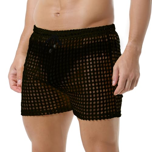 DTODWW Mens Fishnet Underwear Boxer Shorts Mesh Trunks See Through Shorts with Drawstring Nightwear Shorts3