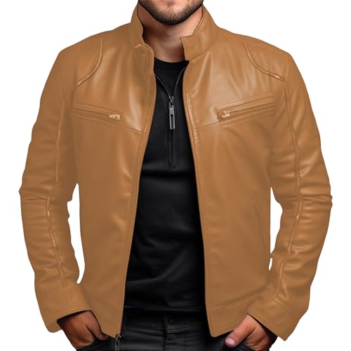Manteau moto homme grande taille 3XL en similicuir kaki résistant et ajusté