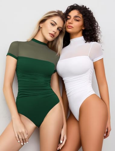 Image of Avidlove Women's Short Sleeve Bodysuit Turtle Neck Body Suits Mesh One Piece Leotard Going Out Tops Date Outfits