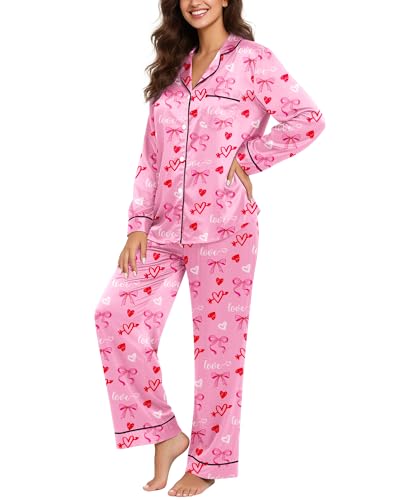 Mutkirapup Valentines Pajamas for Women Silk Satin Pjs Sets 2 Piece Pink Heart Loungewear Soft Long Sleeve Button Down Cozy Bow Sleepwear M