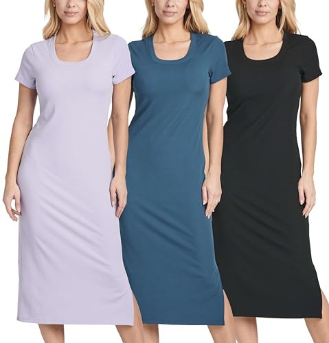 Image of Real Essentials 3 Pack: Women's Ribbed Jersey Crew Neck Short Sleeve Midi Length Dress with Side Slit