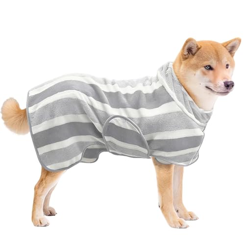 PawSailor Fast Drying Dog Bathrobe Super Absorbent Stripes Dogs Towel Adjustable Warm Keeping Pet Puppy Bath Supplies (Grey XS)