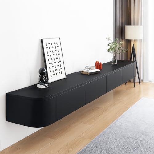 Moderno mueble de TV negro de 280 cm para montar en la pared con 2 compartimentos espaciosos, mueble contemporáneo para sala de estar, elegante consola de TV para entretenimiento en casa