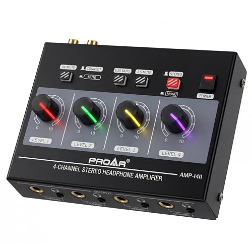 PROAR 4-Channel Headphone Amplifier, 8 Outputs with Individual Volume, RCA/3.5mm/6.35mm Jacks, RGB Lights, Mute Function, Mono/Stereo Switch for Gaming, Podcast, Studio Recording & Home