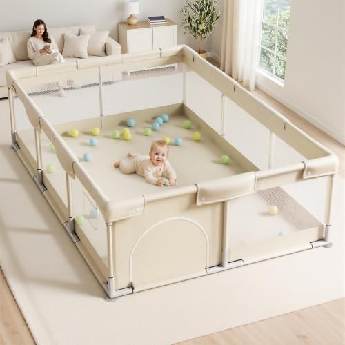 Image of Uanlauo Baby Playpen for Babies and Toddlers, 71x47in Large Playpen, Beige