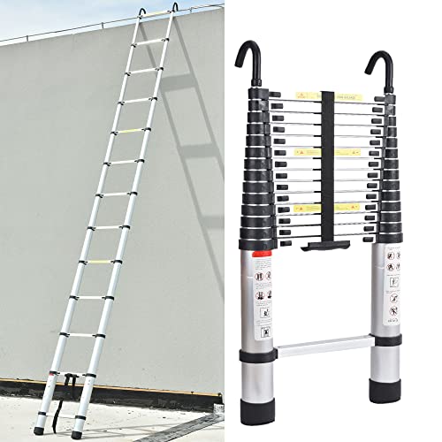 4.4M Échelle Pliante en Aluminium Telescoping Ladders avec 2 Crochets Amovibles Multifonction Ladder Attic Ladder Argent - 150kg Charge Maximale Cover