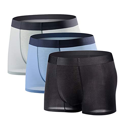 Boxer Homme Sexy Transparent Soie Glacée sous-Vêtement Invisible Mince Léger Respirant Caleçon Séchage Rapide sans Couture(Lot de 3) - Noir+bleu+gris Clair - L