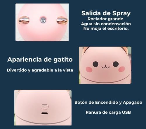 Humidificador Portátil Mini Forma Gato - Difusor de Aceites esenciales para oficina, hogar o escritorio - Alimentación USB, Silencioso y LED suave - 250ml - Rosa