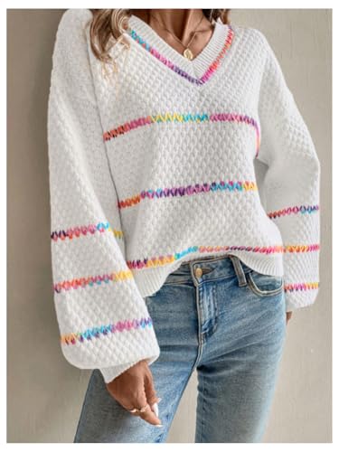 Verdusa Women's Striped Oversized Sweaters Vacation Drop Shoulder Pullover Rainbow Striped Sweater4