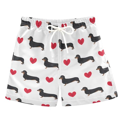 Boys Swim Trunks Quick Dry Dachshund Heart Beach Board Shorts with Mesh Lining Youth Swimwear 2-12T