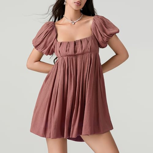 Image of Women Y2k Puff Sleeve Babydoll Dresses Square Neck Tie Back Mini Dress Summer Solid Off Shoulder Flowy Sundress