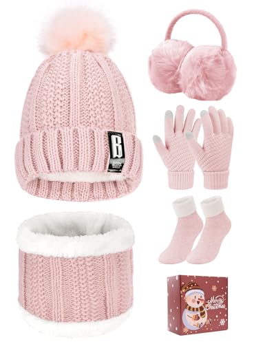 Tuopuda Gorro Bufanda de punto Guantes Invierno Set de Bufanda y Gorro Conjunto de Excursión Esquí de Invierno de Mujeres 5 Piezas, Rosa con caja de regalo