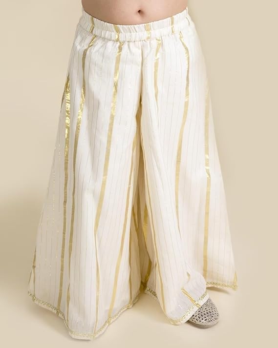 Image of Naixa Girl's Rayon Chanderi Yellow White Solid Printed Top With Sharara and Dupatta 3 /4 Sleeve | Kurta Sharara Set For Girl's