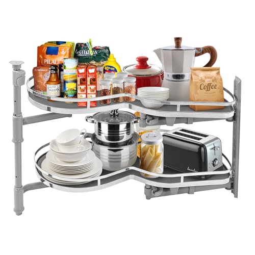 Blind Corner 2 Tier Adjustable Swing Pull Out Organizer With Strong Load Bearing, Smoothly Rotation, Maximizes Space, Wide Usage For Blind Corner Cabinet (Left Open)