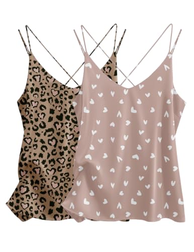 Image of Ekouaer Womens 2-Pack Silk Satin Camisole Tank Top V Neck Sexy Cross Back Spaghetti Strap Cami Sleeveless Lounge Tops S-XXL