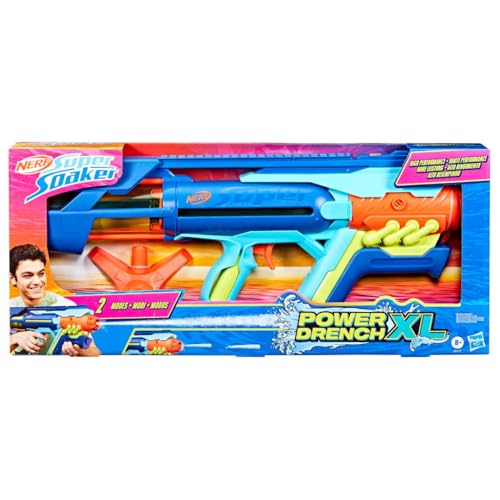 Nerf Super Soaker Power Drench XL Wasserblaster mit innovativer Druck-Ladestation (inkludiert) mit Zwei starken, impulsiven Spritzmodi, Wasserspielzeug für Kinder ab 8 Jahren