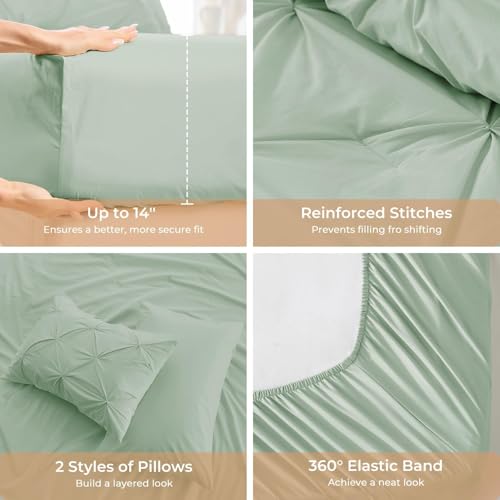 Image of Sasttie King Size Comforter Set, 7-Piece Bed in a Bag, Pintuck Bedding Sets for All Season, Includes Comforter, Flat Sheet, Fitted Sheet, Pillowcases and Pillowshams, Light Sage Green