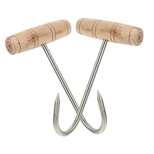 GRIRIW Crochets à Viande t En Acier Inoxydable Manche En Bois 19 Cm Solide Pour Barbecue Cuisine Lot De 2 Accessoires De Grillades Portables