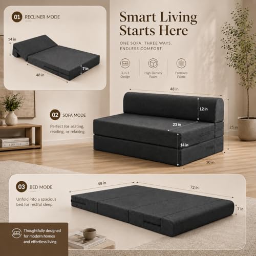 Image of Rhythm Foldable Sofa Cum Bed | 2 Seater Sofabed with 2 Cushions High-Density Foam 3-in-1 Convertible Sofa Cum Bed for Living Room & Bedroom | Jute Fabric Washable with 3 Years Warranty (72x48)