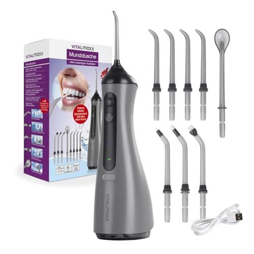 VITALmaxx Irrigatore orale | Doccia dentale elettrico – 8 inserti, serbatoio dell'acqua | Pulitore dentale senza fili con timer e 3 modalità per un efficace risciacquo della bocca, Flosser, detergente