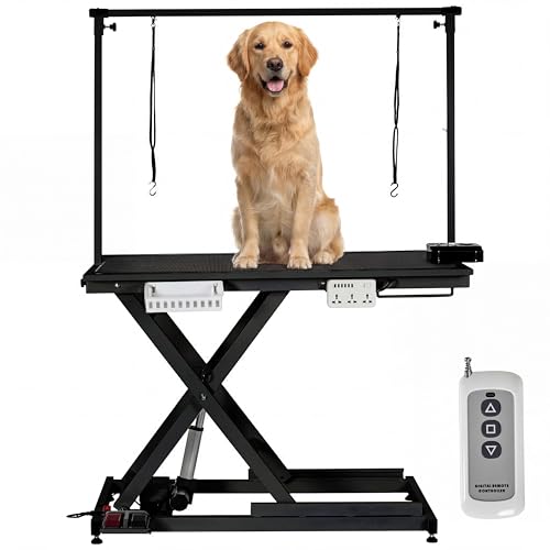 50 Inch Dog Grooming Table Electric Hydraulic Pet Grooming Table Dog Grooming Station with Aluminium Overhead Arm Anti Slip Tabletop 6 USB Ports Height Adjustable 300 LBS Capacity Black