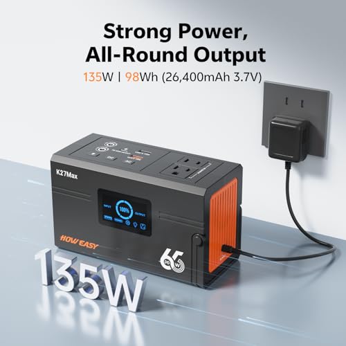Image of HOWEASY Portable Power Station 135W(270W Peak), Backup Lithium Battery with 110V AC Outlets,98Wh(26400mAh) Solar Generator for Camping,for Outdoor Camping Emergency(Solar Panel Not Included)