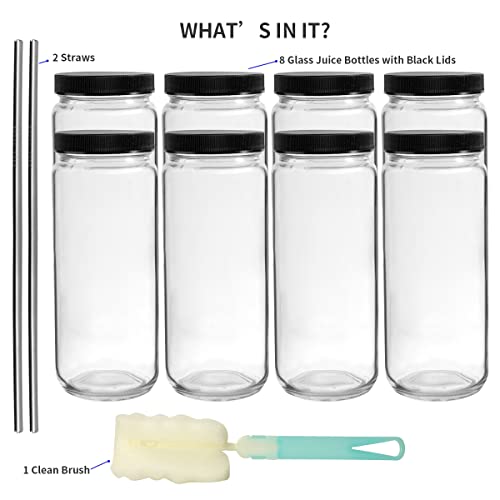 OAMCEG 8 Pack 16OZ Glass Juice Bottles with Lids - Smoothie Cups with Airtight Caps and Straws, Reusable Juice Bottles for Juicing, Glass Drinking Mason Jars Juicing Bottles Travel Bottles Water Cups
