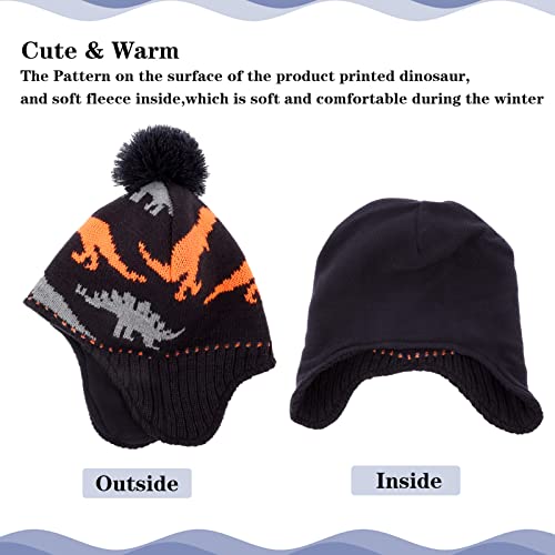 Image of ACTLATI Winter Dinosaur Boy Winter Hat Scarf Mittens Set Warm Beanies Earflap Fleece Pompom Lining Cap for Toddler Kids