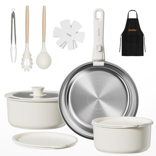 EvoFar juego de ollas de acero inoxidable, juego de sartenes de 14 piezas, cerámica juego de cocina con mangos desmontables, sartén 24 cm, olla 18/20 cm, juego de ollas apilable para todo tipo de