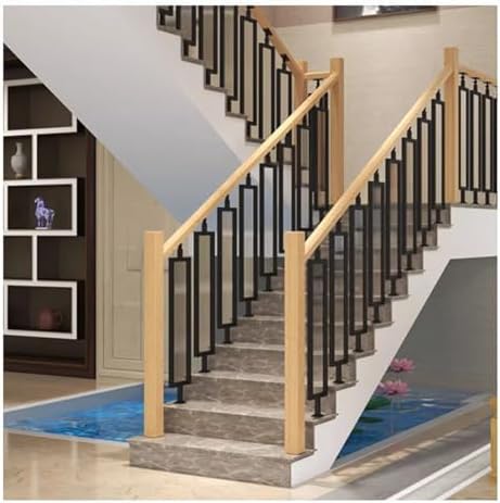 Black Rectangular Iron Balusters with Tempered Glass - Decorative Metal Railing for Indoor Stairs & Decks - 95cm Modern Staircase Design