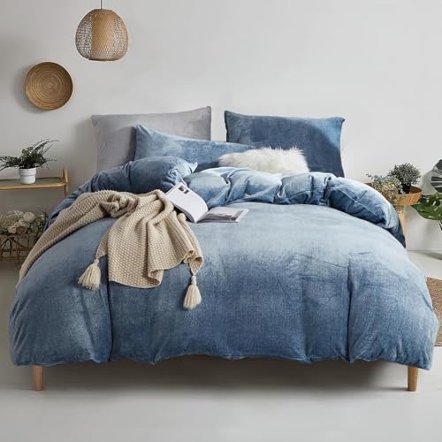 YASMENG Bettbezug aus Flanell, 240 x 260 cm, Winter, warm, Blau, Velours, Molton-Bettwäsche, weich, flauschig, für Doppelbett, mit Reißverschluss und Kissenbezügen, 65 x 65 cm